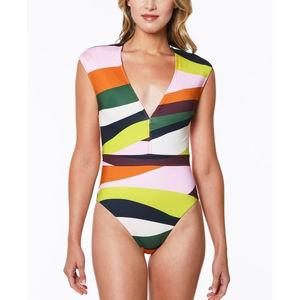 Sanctuary Womens Swim Multicolor Plunge One-Piece Cap Sleeve SAFO22223 Size L